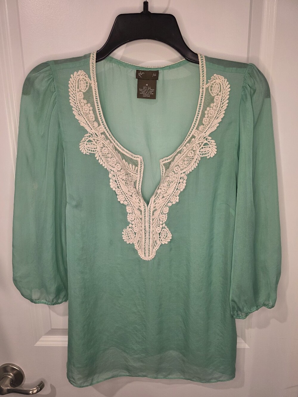 Anthropologie Fei Elegant Silk Mint Green Lace Trim Blouse